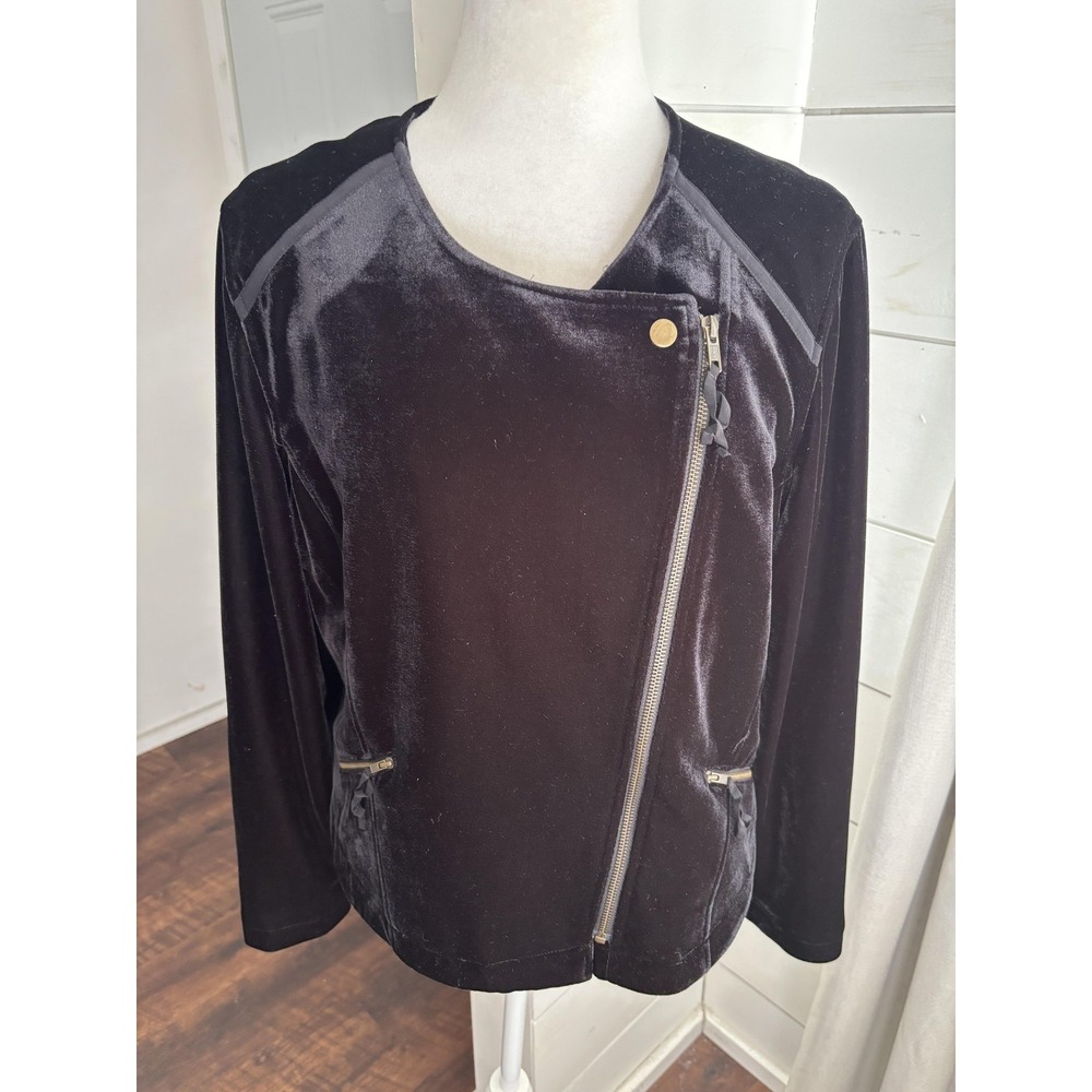 Soft Surroundings Jacket Womens Petite Large Black Velvet Moto Biker Zip Pockets